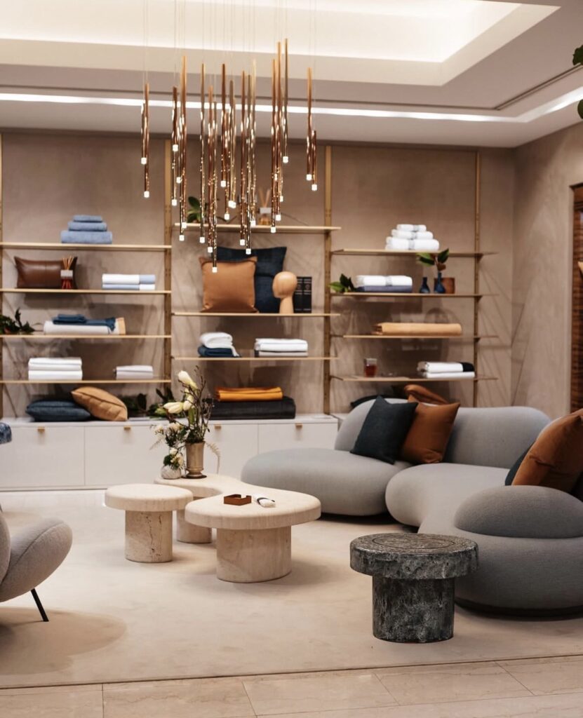 Salon design avec canapé beige, étagères bois et décoration intérieure moderne coordonnée - Curation FCZA