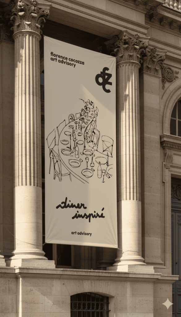 Bannière « Dîner inspiré » de Florence Cocozza Art Advisory, illustrée d'une table dressée, entre les colonnes d'un bâtiment classique