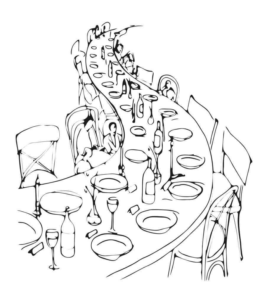 Illustration au trait d'une table de dîner dont le plateau s'enroule vers le haut, pour les dîners inspirés de Florence Cocozza