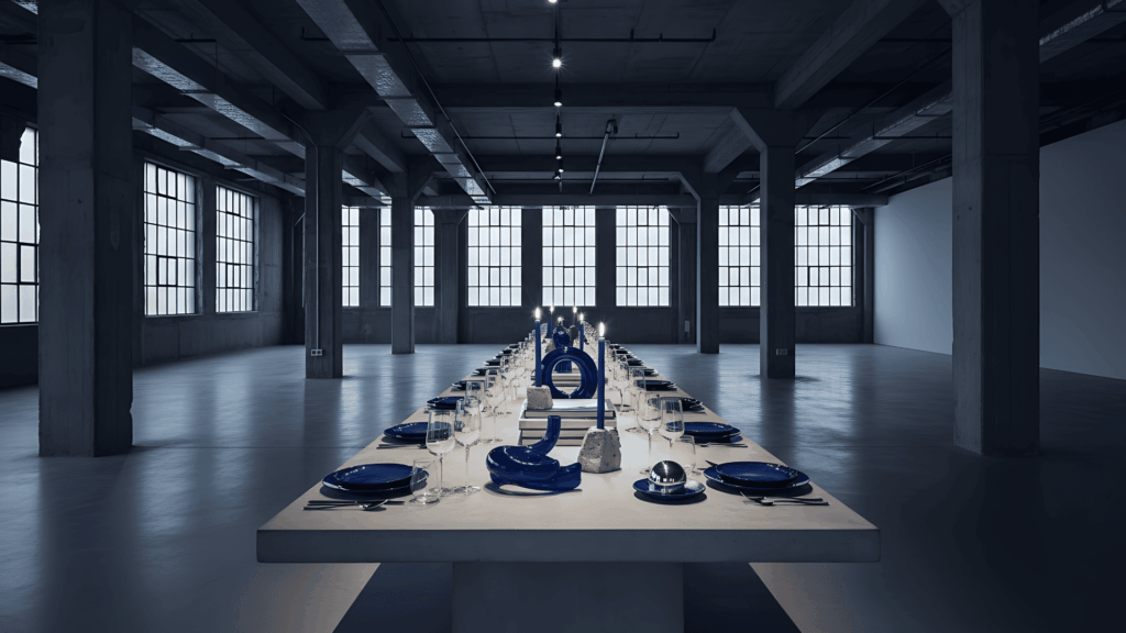 Longue table de dîner dressée dans une halle industrielle, avec assiettes bleu profond, bougies et sculptures en céramique